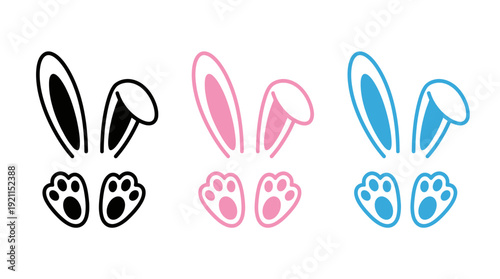 Bunny Ears and Paws Vector – Cute Rabbit Icons in Black, Pink, and Blue for Easter Stickers, Spring Crafts, and Playful Design Projects