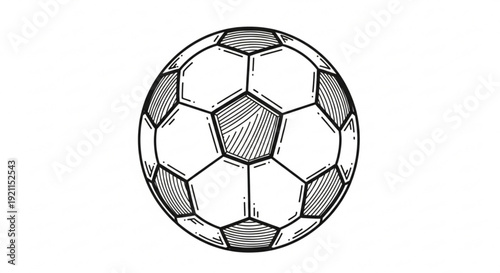 A soccer ball illustration viewed from the front, showcasing its detailed panels and stitching on a plain background
