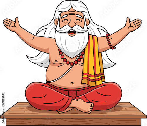 Cartoon illustration of a laughing Indian guru or saint character with white beard sitting on a wooden platform for spiritual and cultural designs.