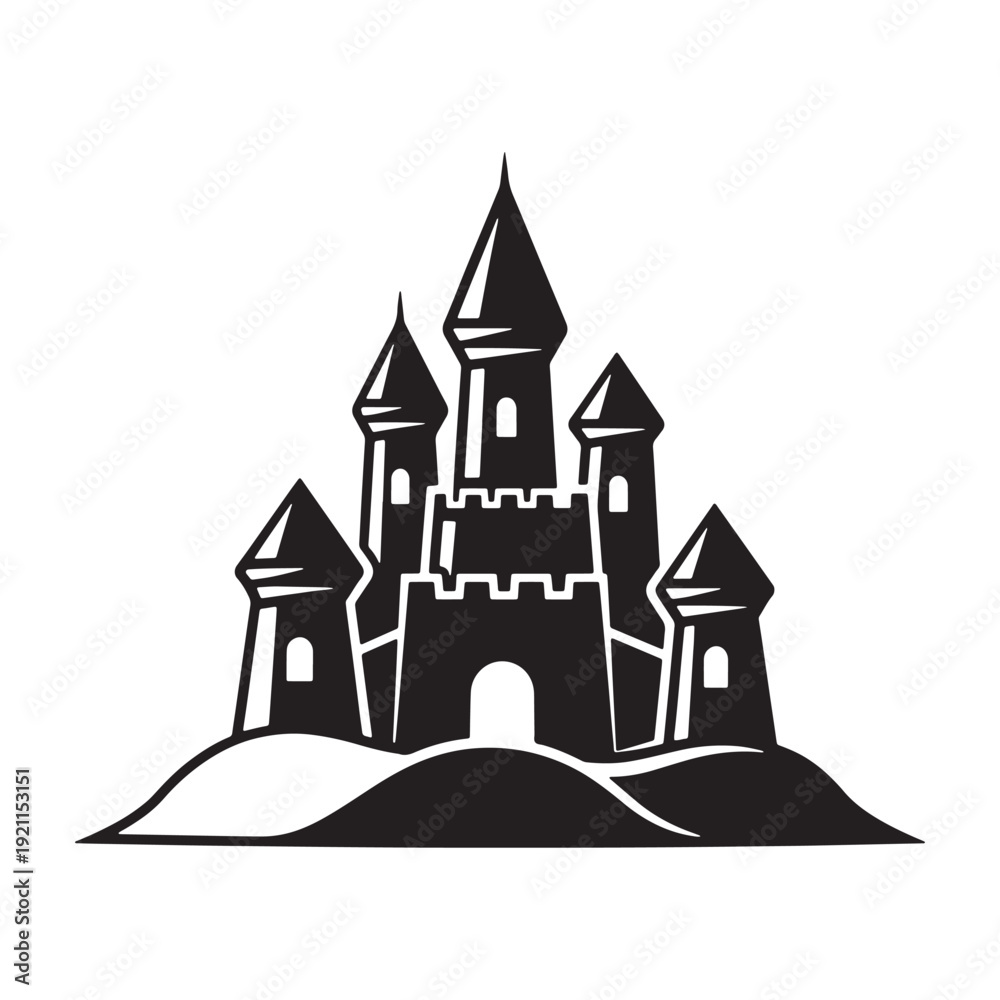 Obraz premium Black and white medieval castle vector silhouette isolated on transparent background