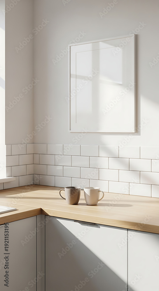 Fototapeta premium modern kitchen interior with kitchen, Minimalist Kitchen Corner Countertop Mockup with Ceramic Mugs and Empty Poster Frame.