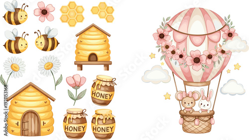 Cute watercolor honey bee set with beehive and honey jars plus floral hot air balloon with bunny and mouse for nursery baby shower.