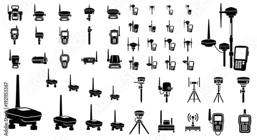 Surveying Instruments and GPS Devices Silhouettes,  A collection of black silhouettes depicting various surveying instruments, including total stations, GPS receivers, and drones.