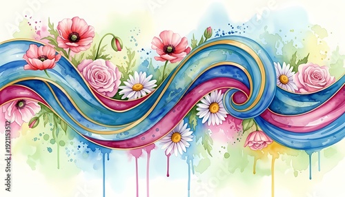 Abstract Colorful Wave with Flowers and Watercolor Splash Background