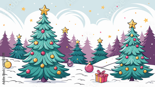 Snow Landscape Christmas Tree Vector Greeting Background