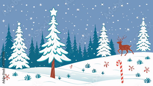 Snow Landscape Christmas Tree Vector Greeting Background
