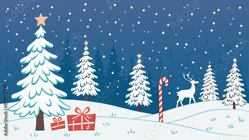 Snow Landscape Christmas Tree Vector Greeting Background