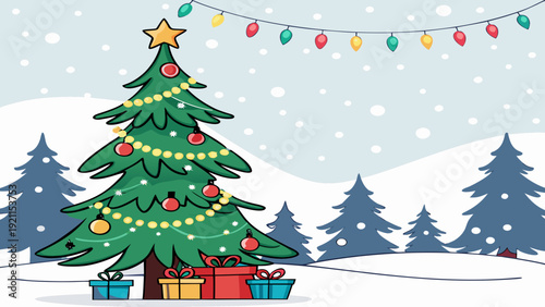 Christmas Tree Vector Winter Landscape with Gifts