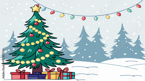 Christmas Tree Vector Winter Landscape with Gifts