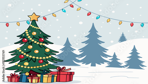 Christmas Tree Vector Winter Landscape with Gifts