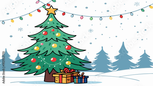 Christmas Tree Vector Winter Landscape with Gifts