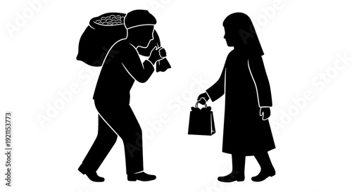 Two travelers walking with backpacks and bags in opposite directions