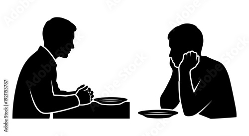 Two individuals engaged in a silent conversation over a meal in a formal setting