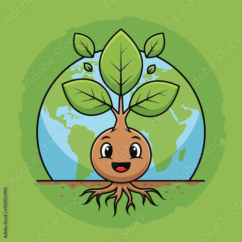 Cartoon Globe Plant with Roots Smiling.