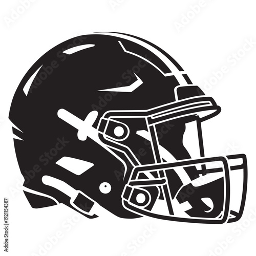 Black and white illustration of American football helmet with face mask and chin strap