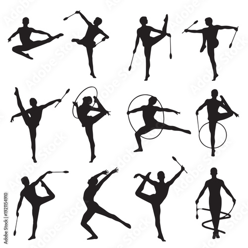 Black Rhythmic Gymnastics Silhouette Vector, High Quality Illustration on White Background