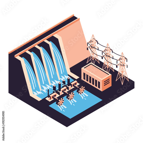 Isometric Illustration of Hydroelectric Dam Power Plant.