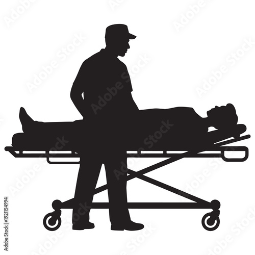 Man in cap pushing a stretcher with a person on it  medical emergency response  healthcare professional  hospital  medical  rescue