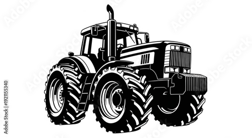 Detailed black and white vector illustration of a modern farm tractor, ideal for agriculture and rural industry.