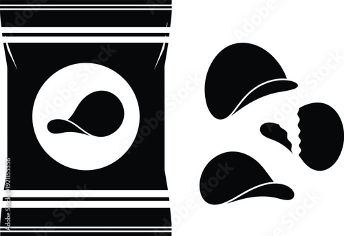 Potato chips snack silhouette illustration with package and scattered crisps isolated on white background for food branding packaging and icon design use