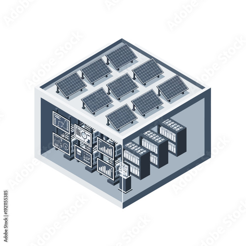 3D Illustration of Server Room with Solar Panels.