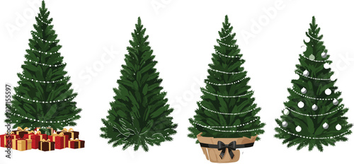 Collection of green Christmas trees with presents baubles and decorations set isolated on white background for winter holiday seasonal design