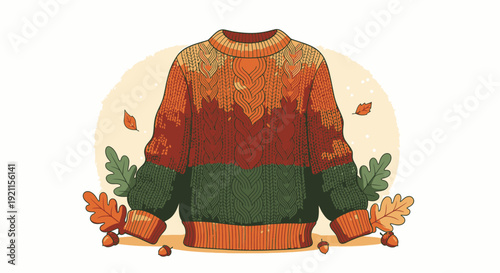 Colorful Knitted Sweater with Autumn Leaves Design.