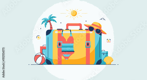 Colorful Suitcase with Travel Accessories and Luggage Tags.