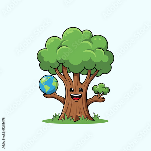 Cartoon Tree Holding Globe Smiling Face.