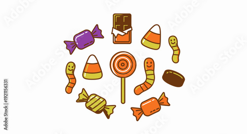 Colorful Cartoon Candies and Sweets Display.