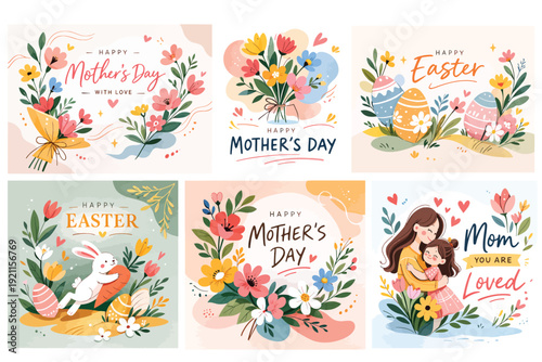A collection of six charming square illustrations celebrating Mother's Day and Easter with floral motifs, cute bunnies, and heartwarming scenes of mothers and children.