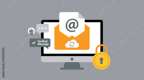 Email Security & Verified Communication Concept: Digital Data Protection with Cloud Sync, AI Bot and Padlock Symbol