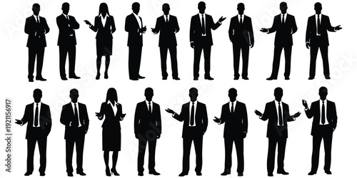 Business professional silhouette illustration, corporate attire artwork, teamwork communication design tribute, leadership  workplace diversity concept, office strategy flat vector illustration