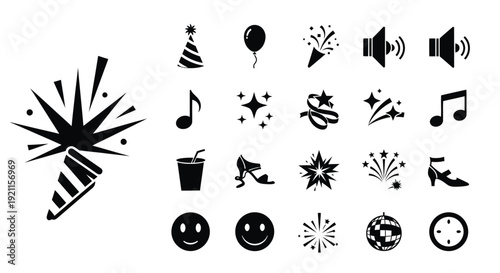 A collection of black and white icons representing party elements and celebrations, including a party popper, hats, balloons, music notes, and more.