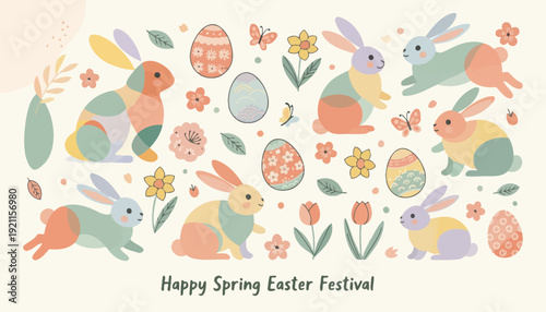 A delightful collection of whimsical Easter bunnies, colorful painted eggs, blooming daffodils, and delicate butterflies, celebrating the joy of spring and Easter festivities.