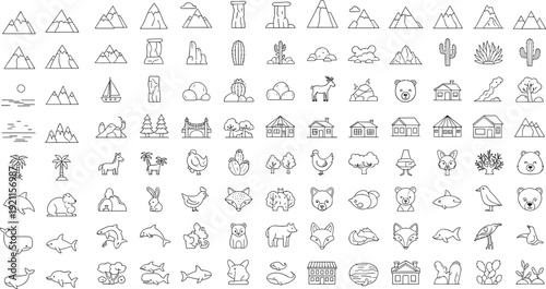 Comprehensive Minimalist Nature and Wildlife Icon Set Featuring Mountains Trees Houses Domestic Animals Marine Life and Wild Creatures Vector Collection