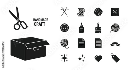 A collection of black and white icons representing handmade crafts, including scissors, a box, thread, buttons, yarn, and other crafting tools.