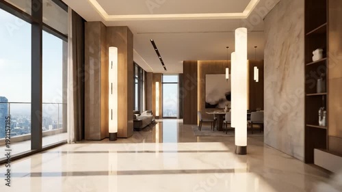 Empty modern hotel corridor with wooden floors, glass doors, and soft natural light leading through a quiet indoor hallway space