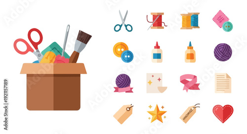 A collection of crafting supplies and tools organized in a box, alongside various individual craft items like scissors, thread, buttons, and ribbons.