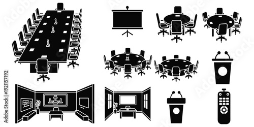 Conference room icon silhouette illustration, meeting equipment artwork, corporate layout design tribute, office planning concept, workplace setup flat vector illustration