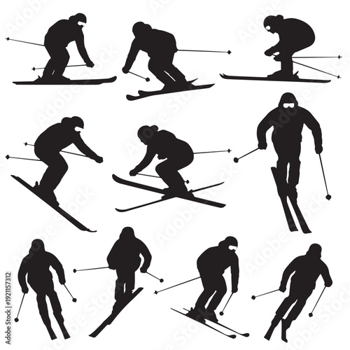 Black Skiing Silhouette Vector, High Quality Illustration on White Background