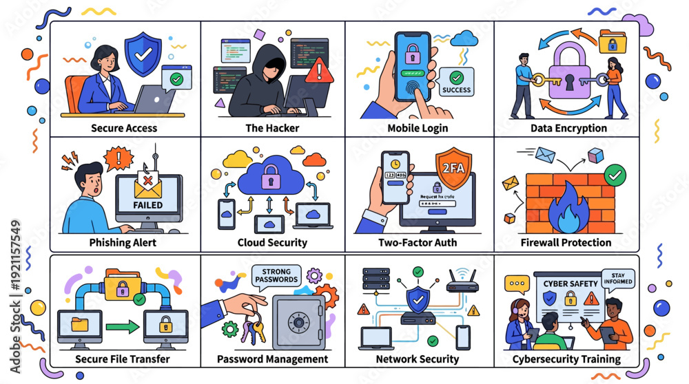 Fototapeta premium Cybersecurity Concepts Illustration Pack: Digital Safety, Data Protection & Threat Prevention
