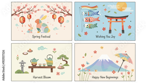 Four charming Japanese-themed illustrations depicting spring festival, wishing you joy, harvest bloom, and happy new beginnings with traditional motifs.