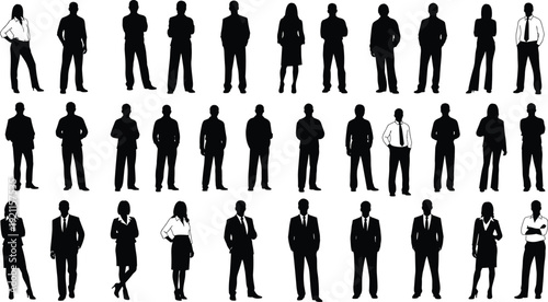 Large set of professional business people silhouettes featuring diverse corporate men and women in smart casual suits and formal office attire.
