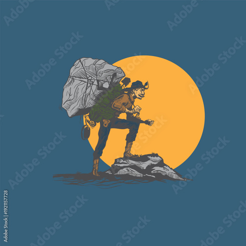 cartoonish hiker with exaggerated features stands on rocks against a large, yellow sun.