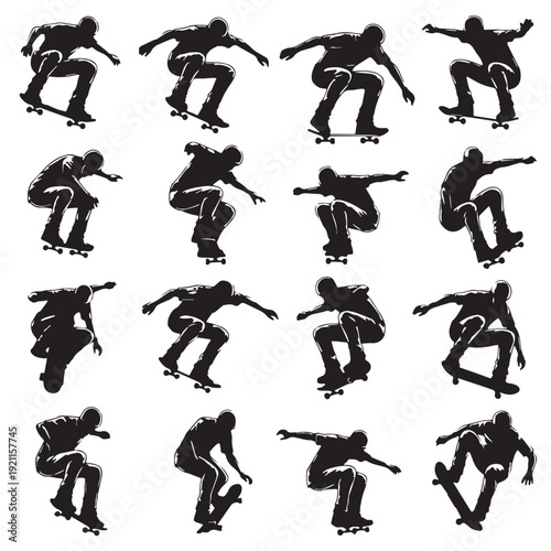 Black Skateboarding Silhouette Vector, High Quality Illustration on White Background