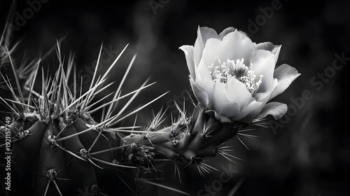Close up high contrast black and white cactus flower blooming with sharp spines