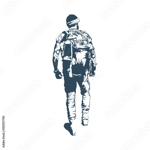 Illustration of a rugged male hiker wearing a beanie, jacket, and rolled-up pants. He carries a large backpack with a rolled-up sleeping mat attached. His sturdy boots and casual posture suggest readi