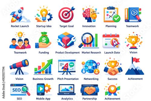 Collection of business icons representing strategy, innovation, and success in a flat design style