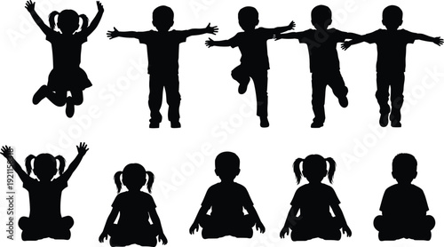Set of Children Silhouettes Jumping Playing and Sitting in Diverse Poses for School Education Sports Kids Activity and Youth Vector